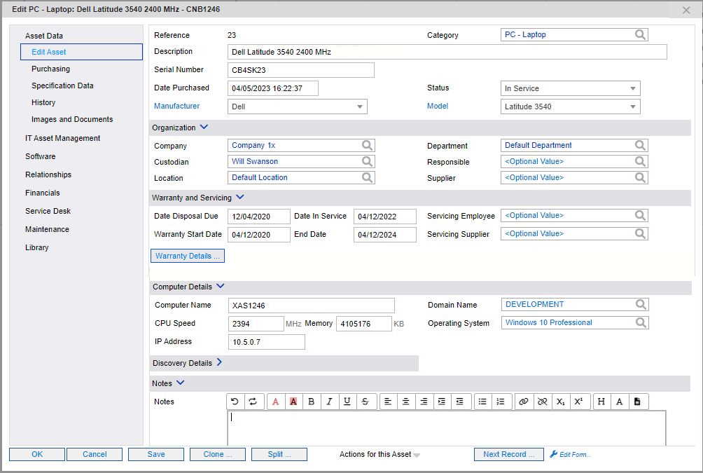 Screenshot of xAssets ITAM Edit Asset Dialog with Dell Warranty Summary Information