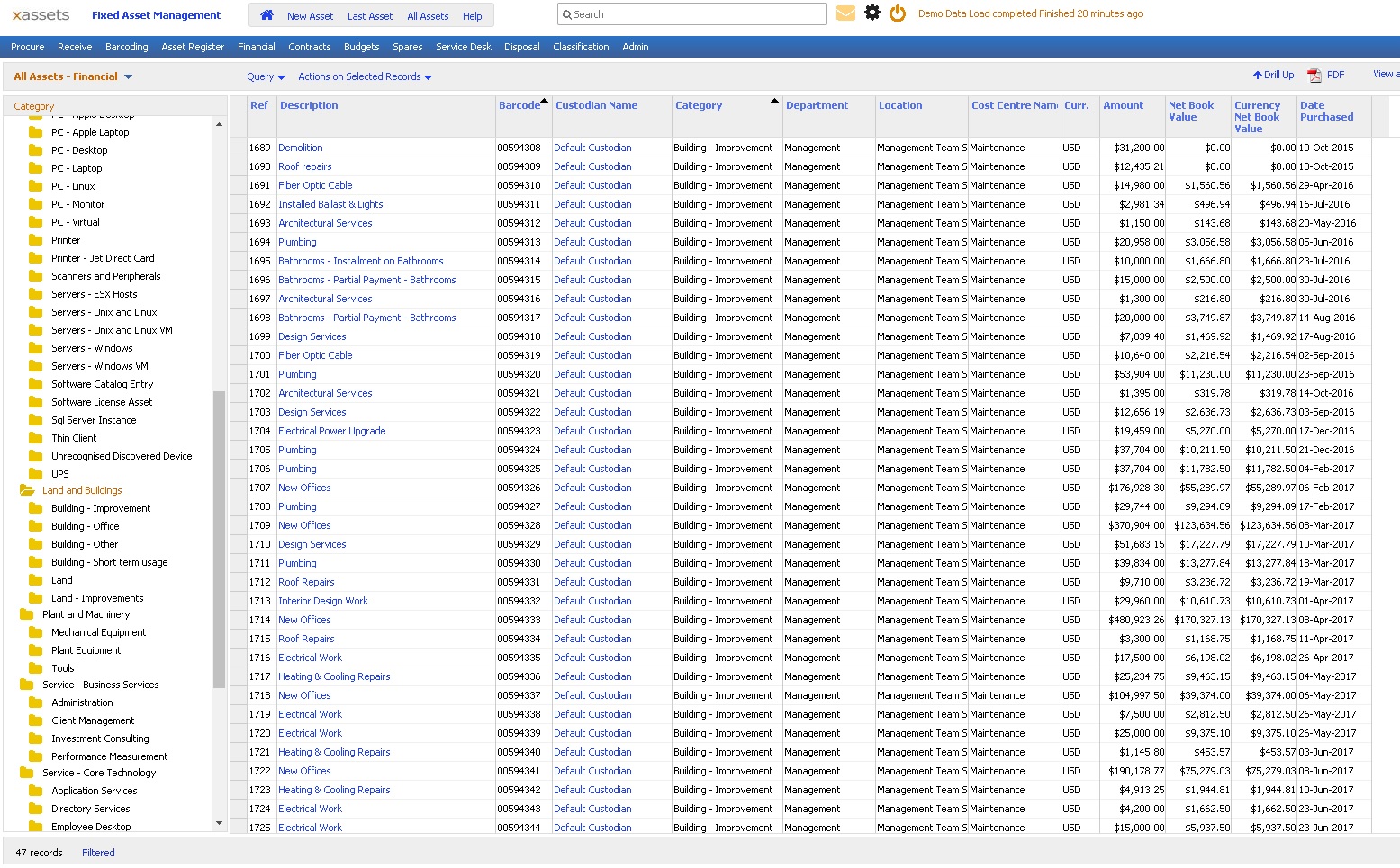 Screenshot of the xAssets Fixed Asset Management Software Asset Register