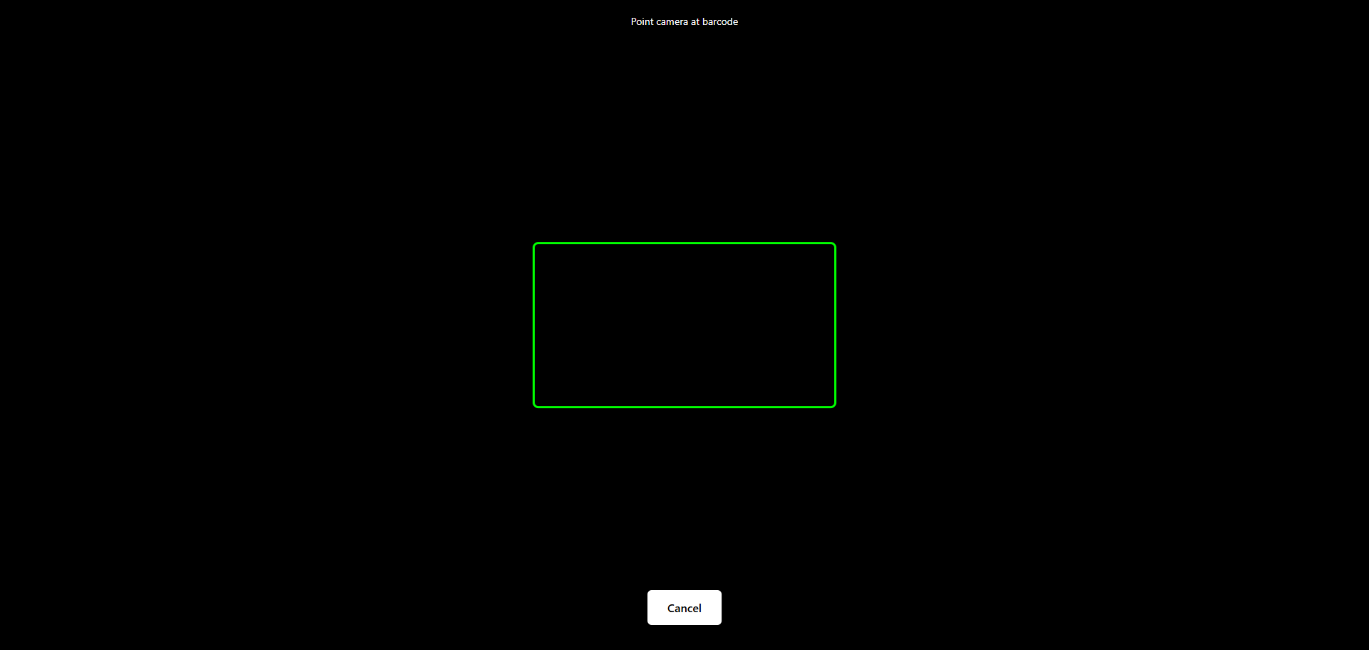 Camera barcode viewfinder with green target rectangle and Cancel button