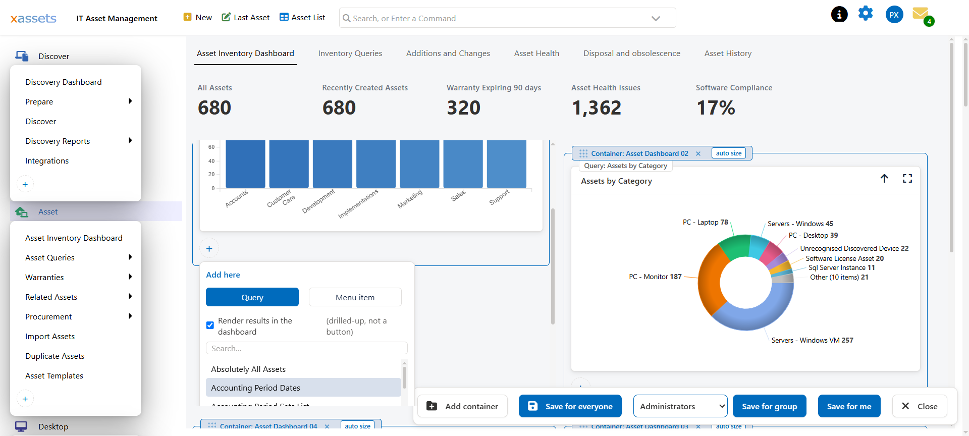 The Add here panel, with Query and Menu item buttons, a render-in-dashboard checkbox, a search box and the list of available queries