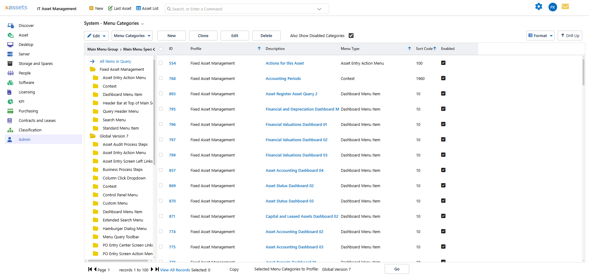 Menu Categories list screen accessed from Admin > Menus > Menu Categories, showing tree with profiles and types on left