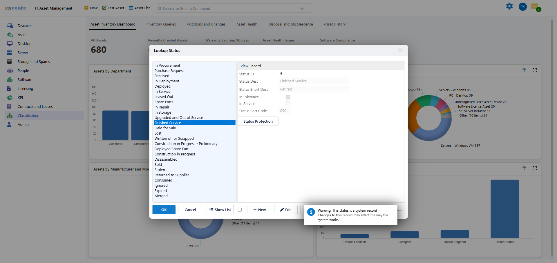 The Status Protection list for a status, showing which sources may not change assets at that status