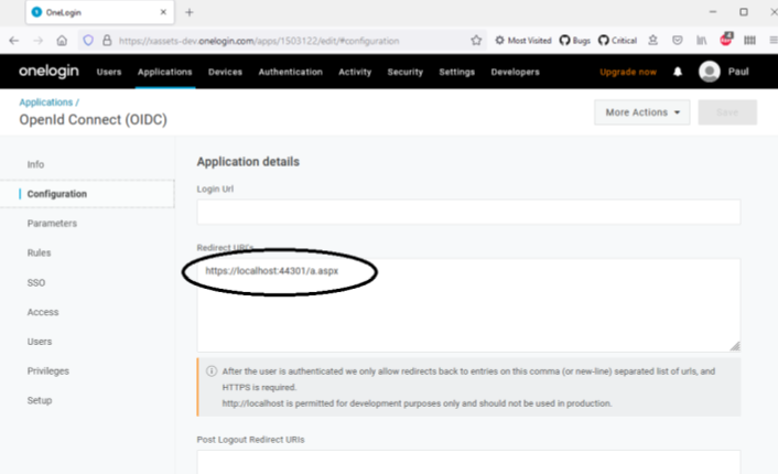 OneLogin OIDC redirect URL configuration