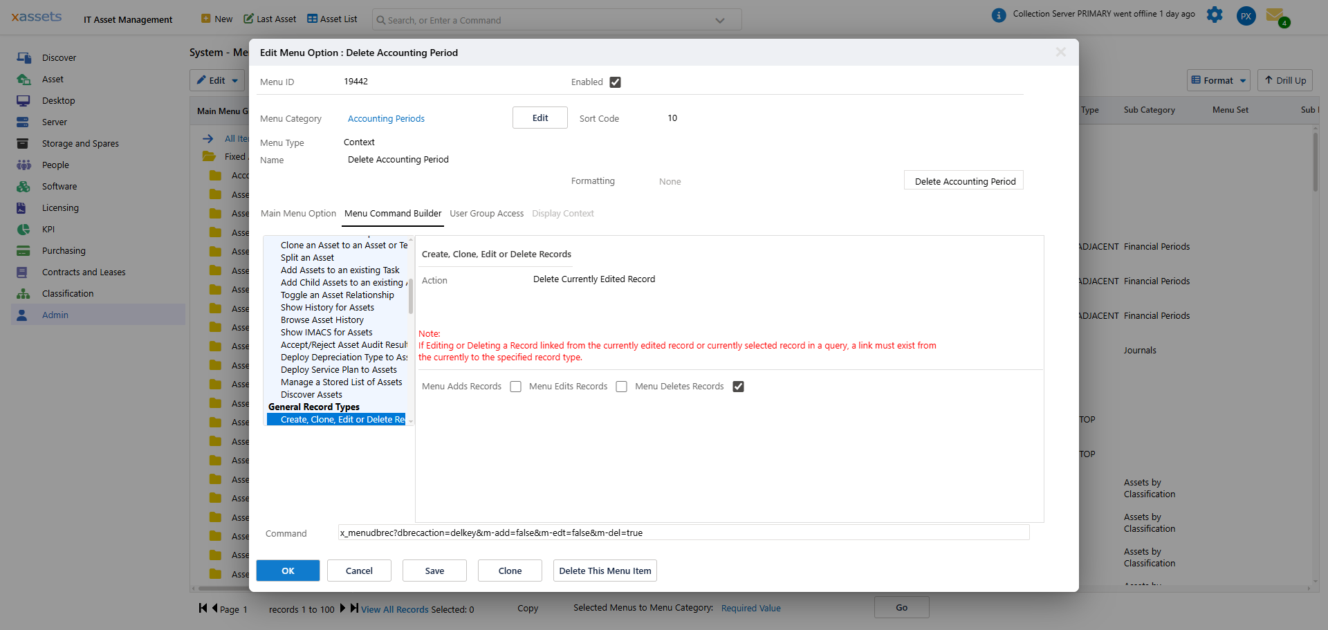 The Menu Command Builder tab showing command types on left and options on right