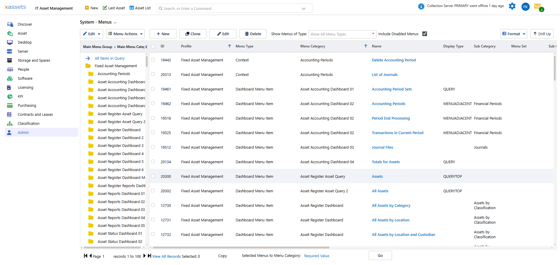 The Menu Editor list screen accessed from Admin > Menus > Menus, showing query of menu items with tree on left