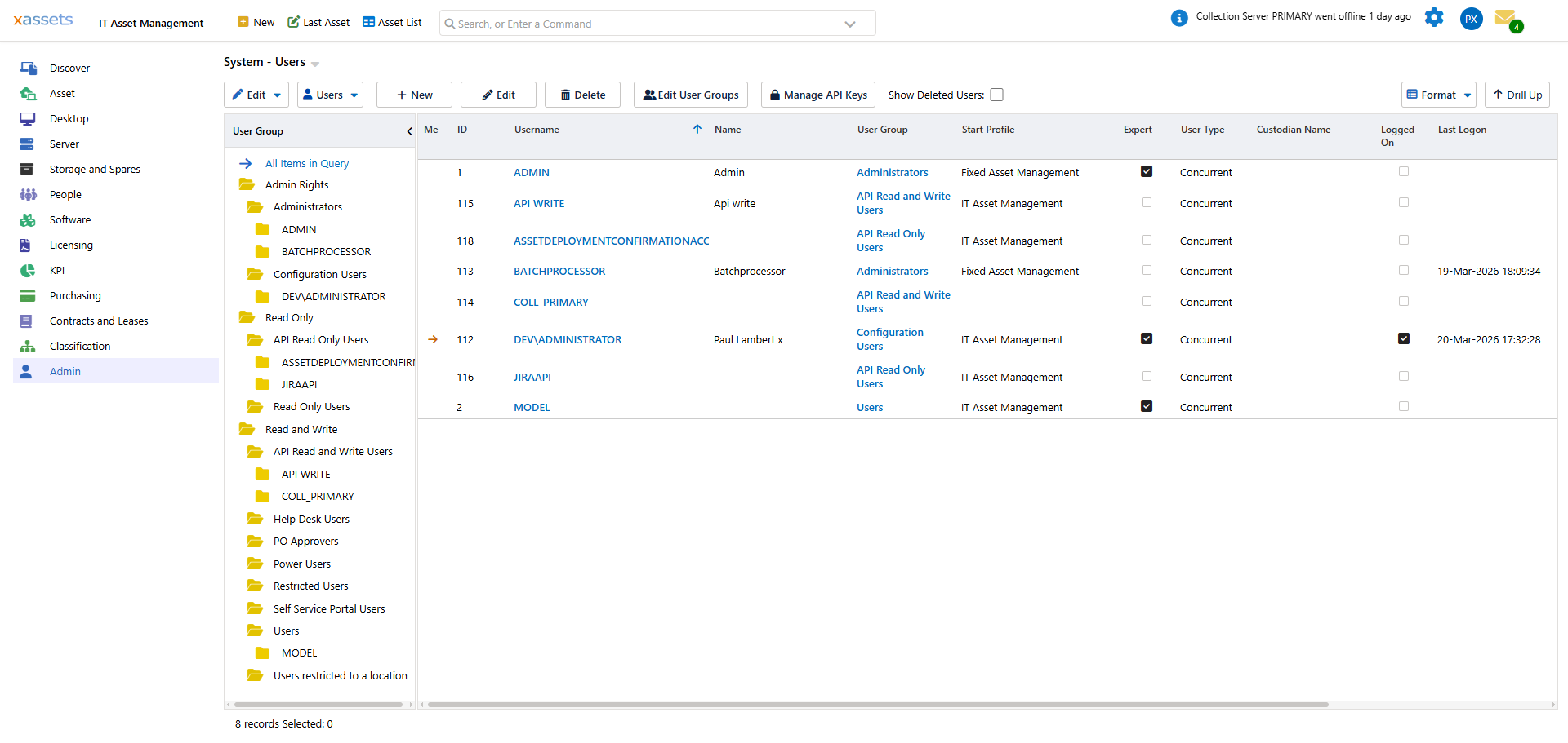 Users list screen accessed from Admin > Users, with tree by User Group/Rights on left, showing Me column pointer