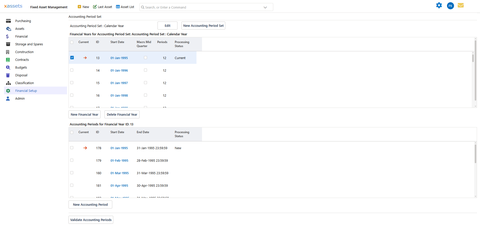 Accounting Periods screen showing period sets, financial years, and individual periods