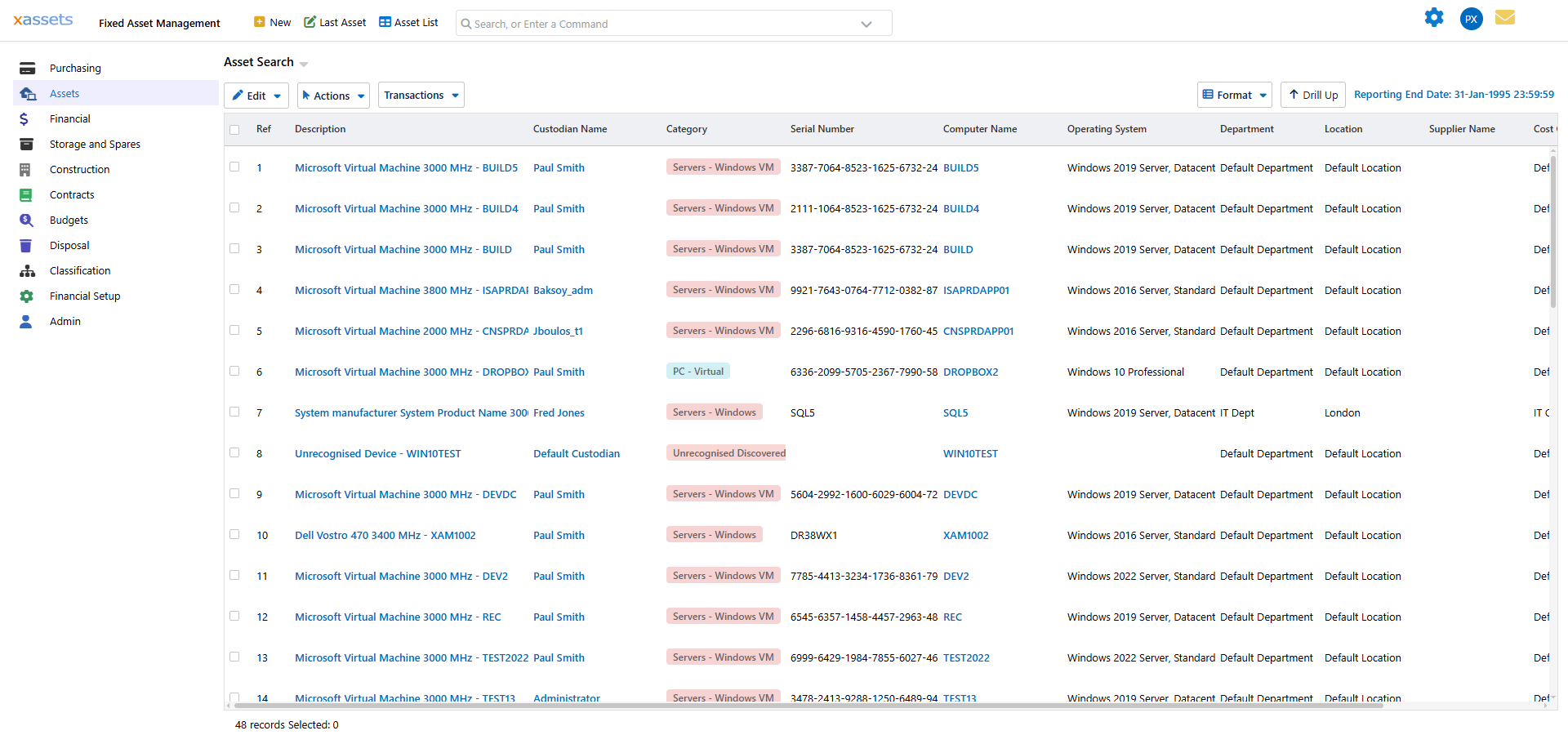 Asset Register viewed with tree structure for filtering by Category, Location, Custodian or Supplier