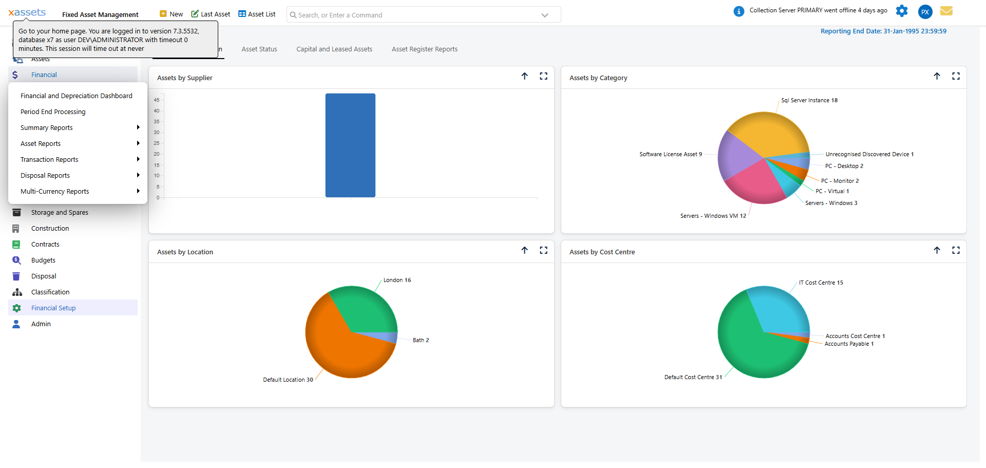 Financial menu showing the Books option under Depreciation Setup