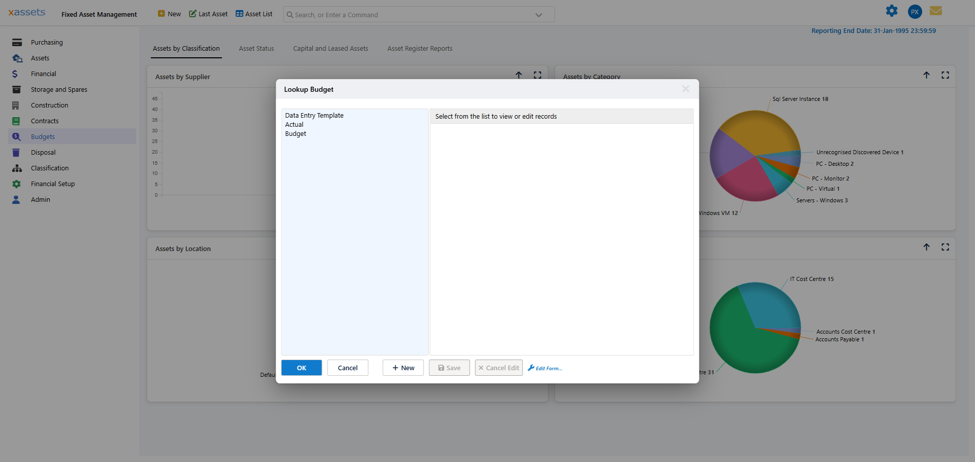Budget and Forecast Slots editor showing available budget slots