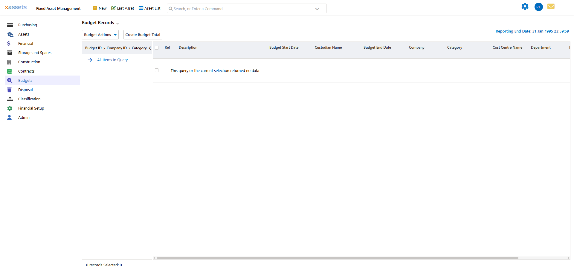 Budget Totals query showing budget entries with amounts and transaction tracking