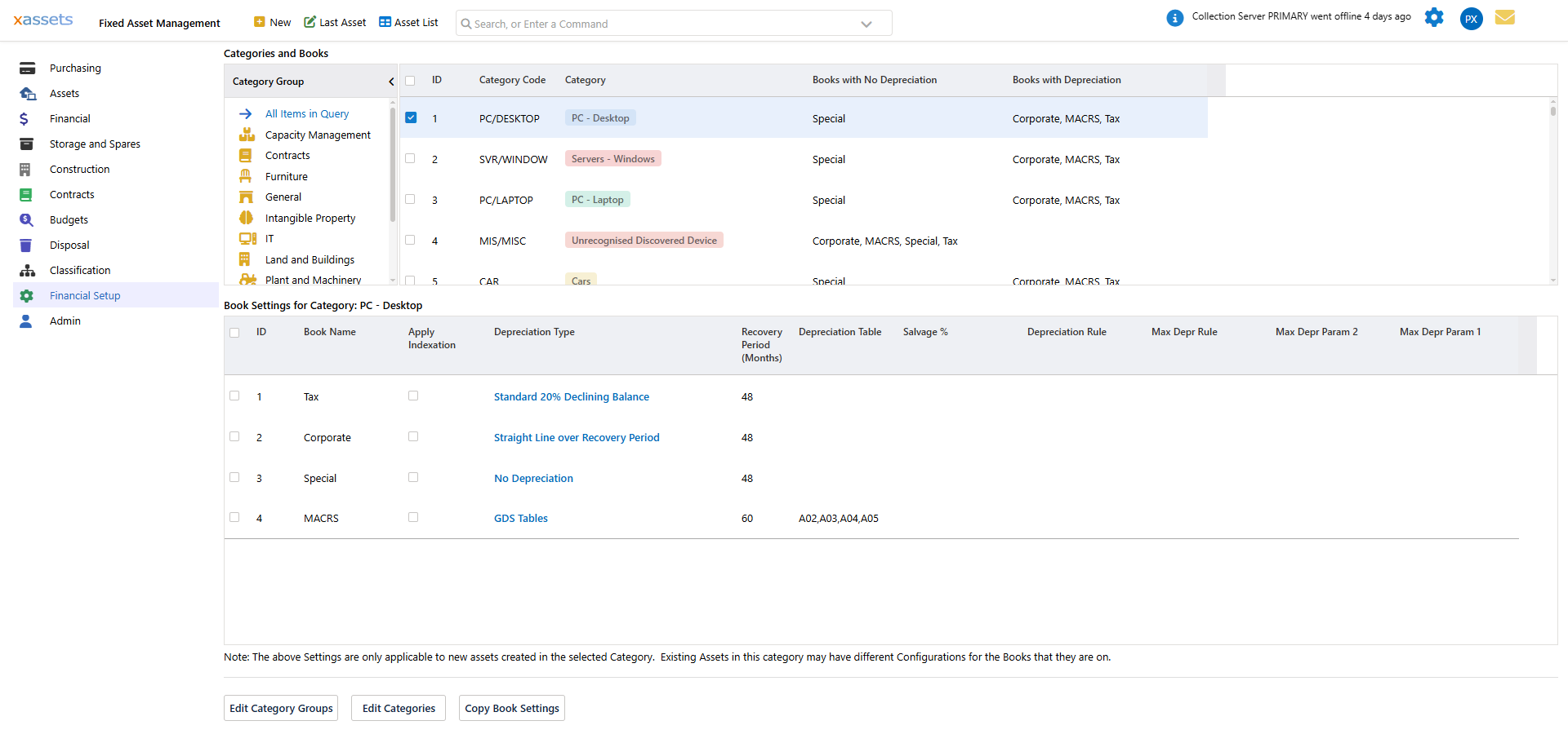 Financial menu showing Categories and Books option for assigning depreciation types to categories