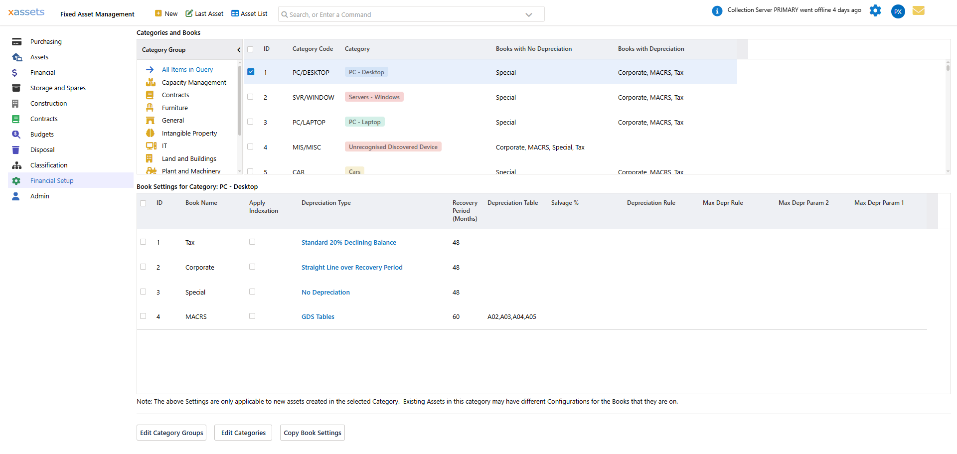 Categories and Books assignment screen showing category groups, categories, and book-depreciation settings