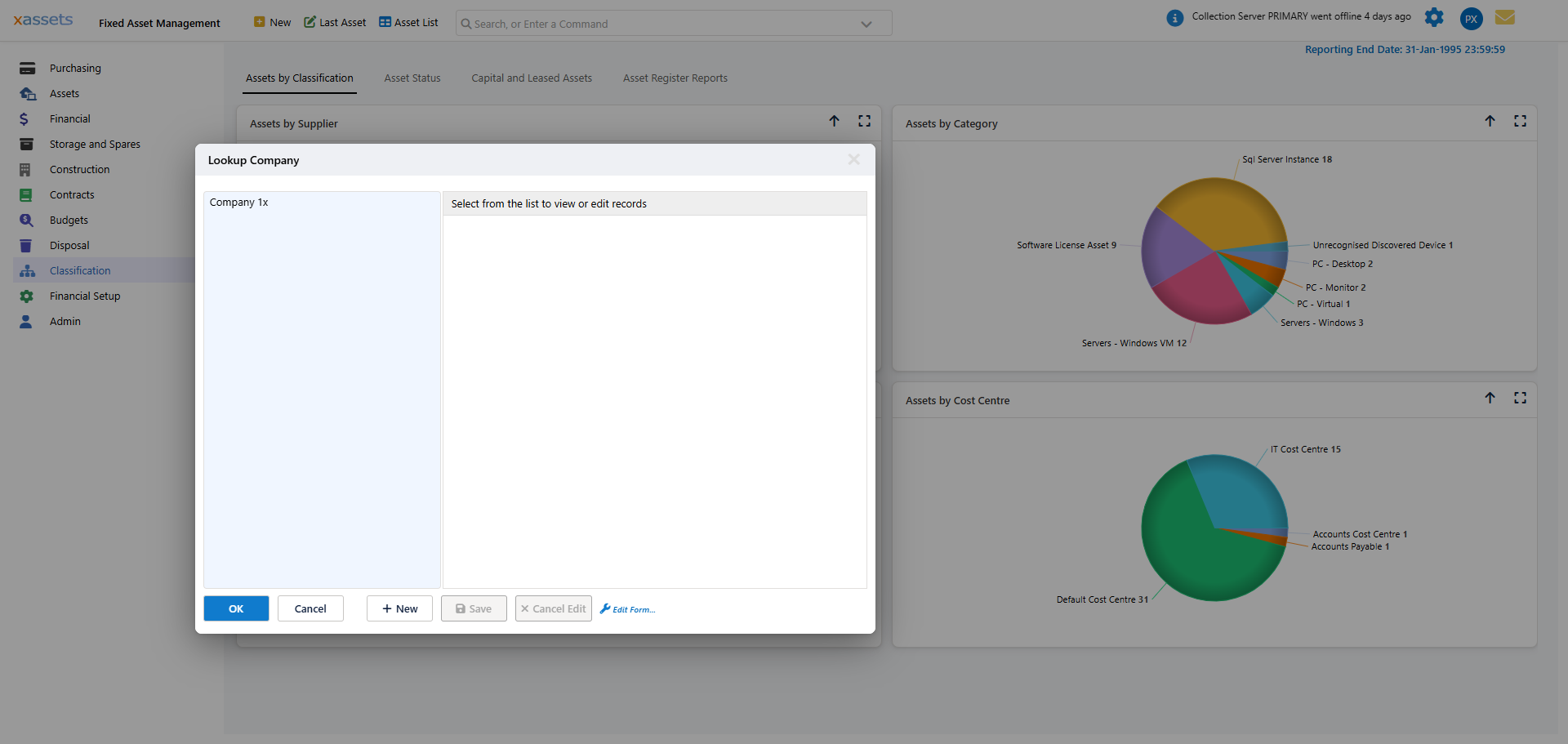 Classification menu showing Companies and Sets of Companies option