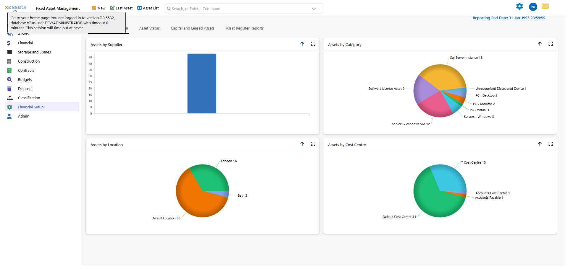 Depreciation setup review query showing each asset with its formula and date ranges