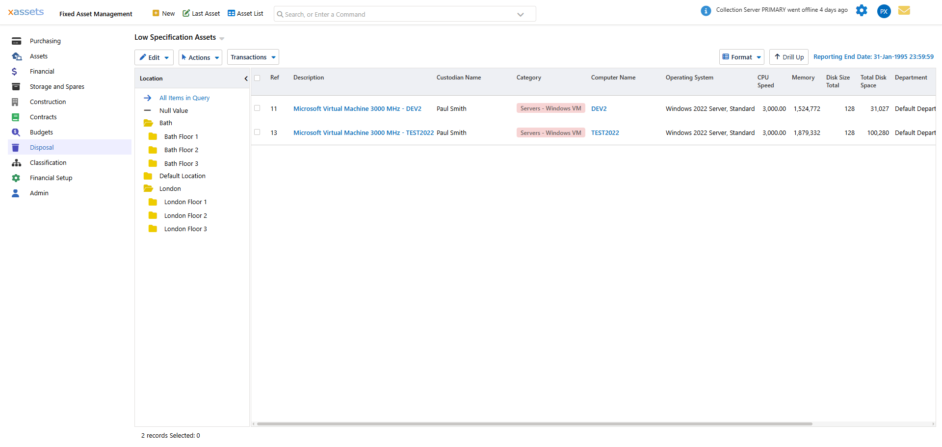 Low Specification Assets query listing assets determined as low spec for replacement/upgrade consideration