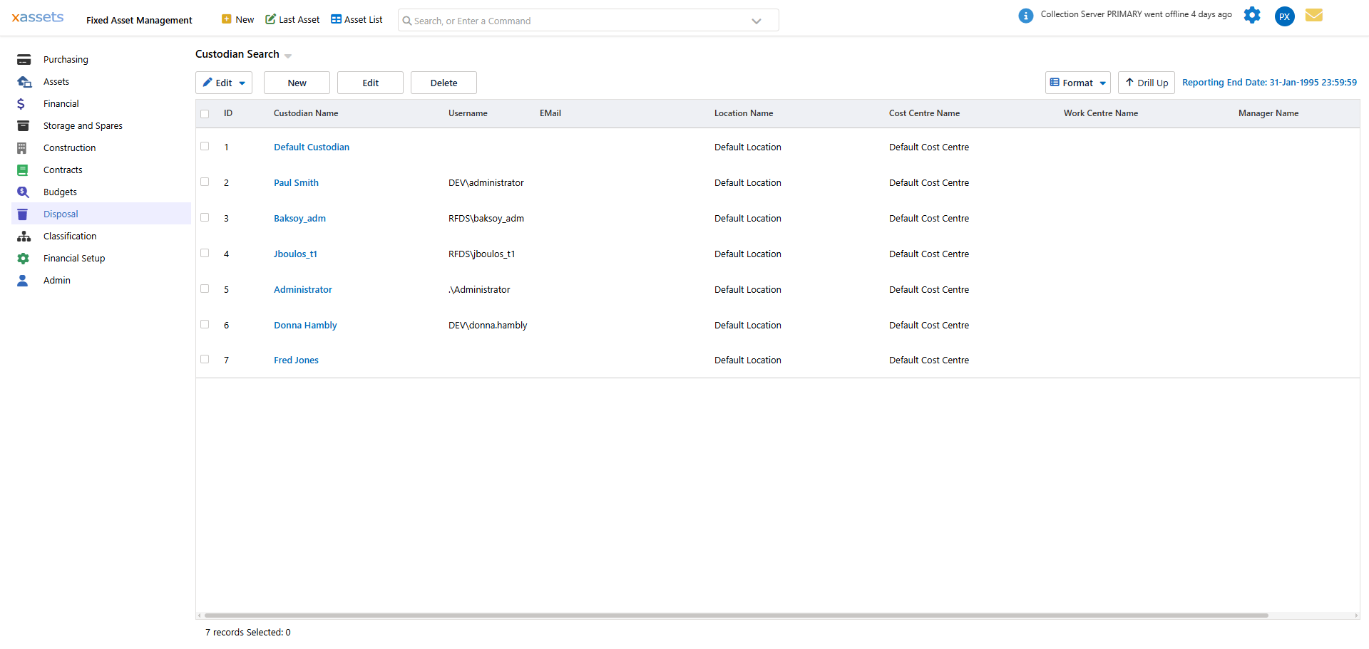 New Custodian entry form from the Lookup Custodians window