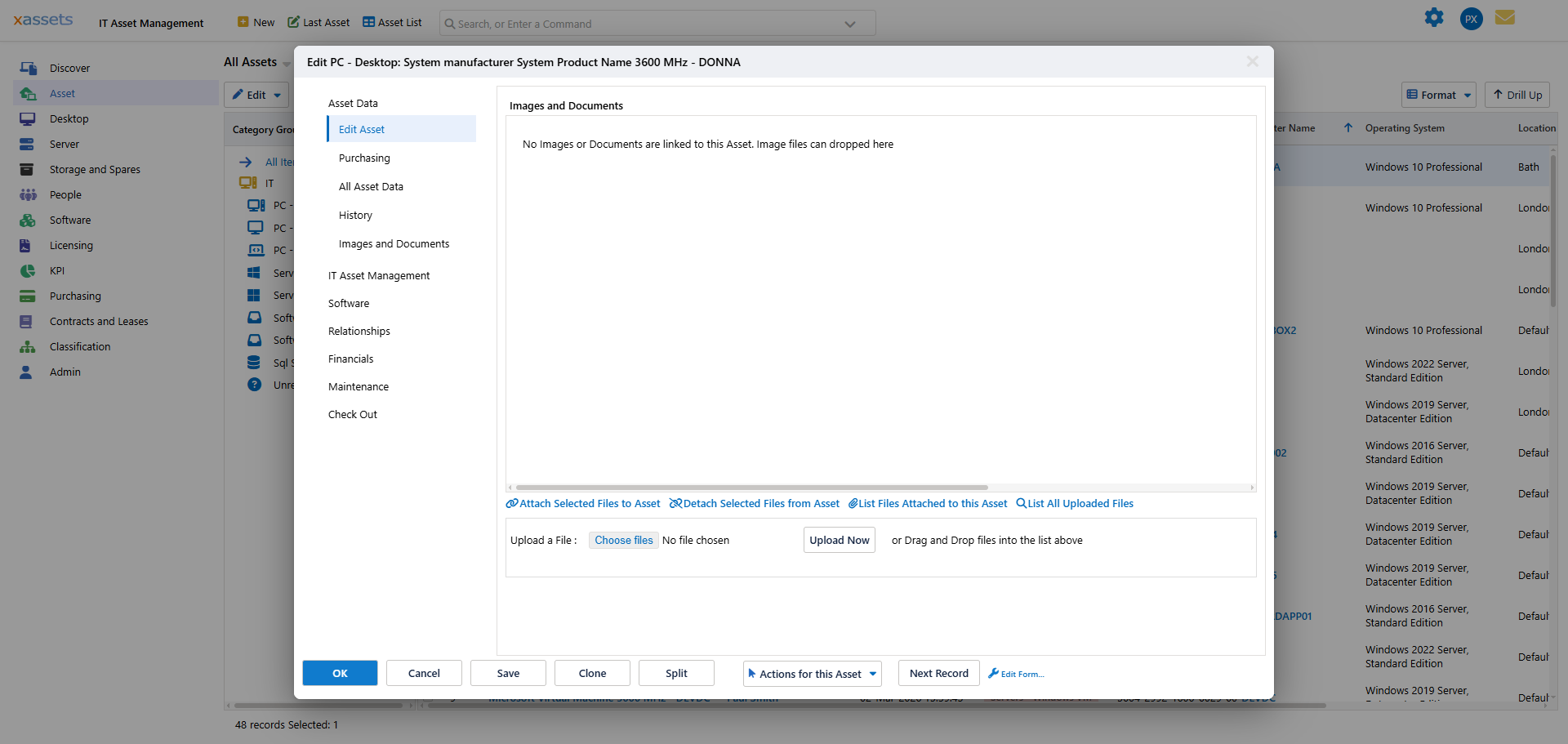 Images and Documents tab in asset editing screen