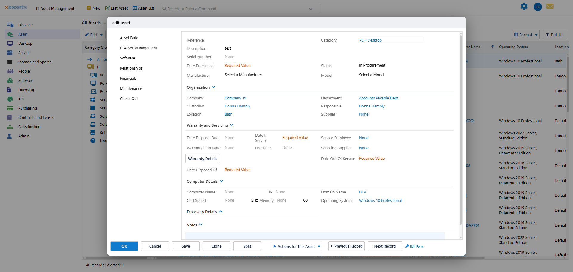 Asset editing screen showing main form