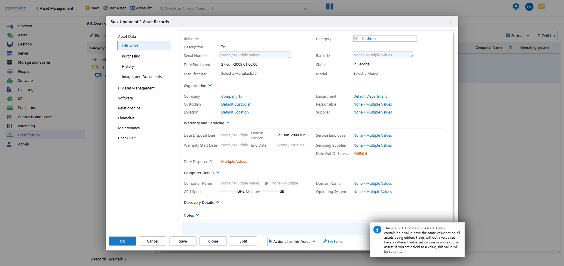 Bulk Update of N Asset Records dialog