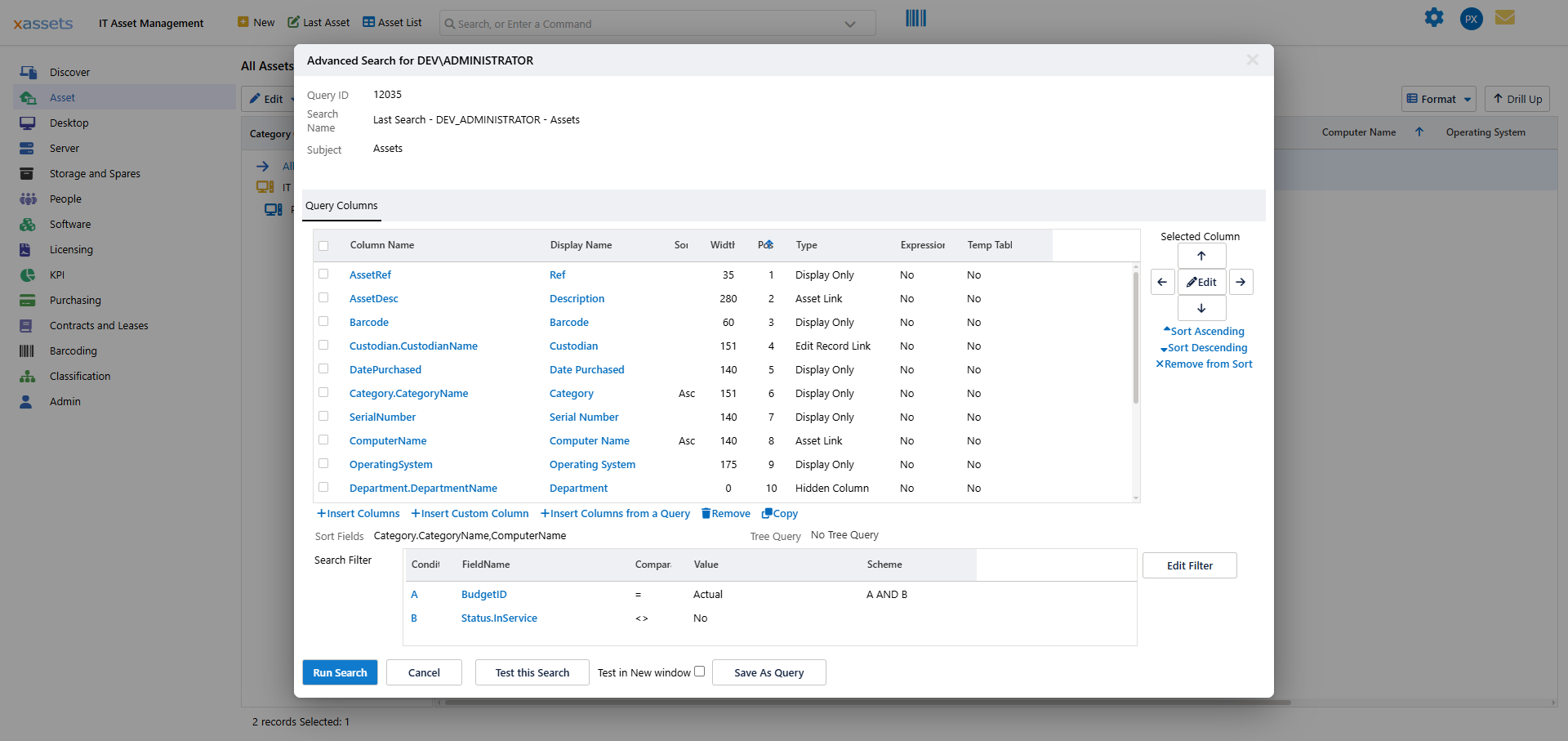Advanced Search dialog showing query columns, sort fields, and search conditions