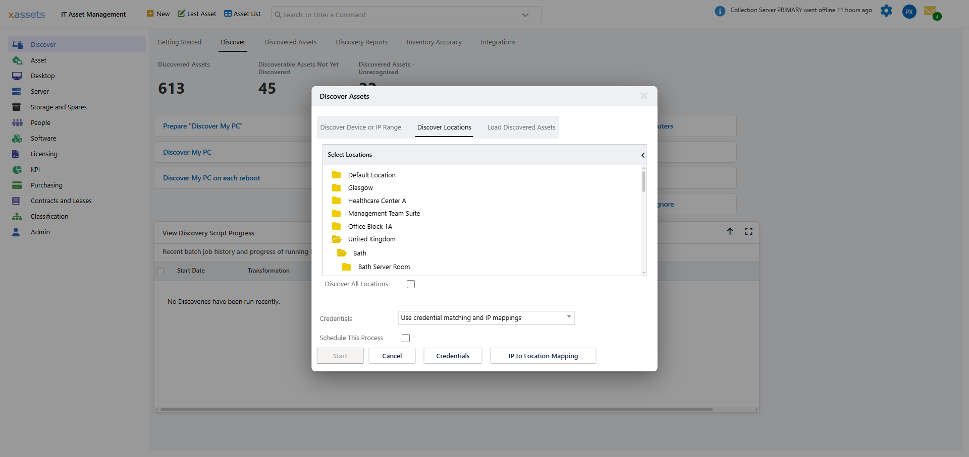Discover Assets dialog on the Discover Locations tab