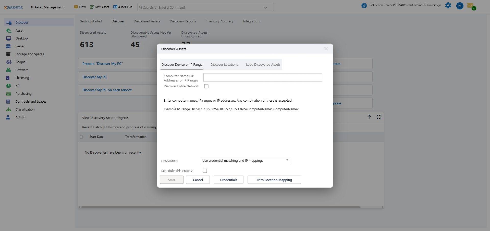 Discover Assets dialog on the Discover Device or IP Range tab