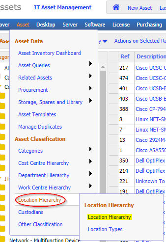 Location Hierarchy menu