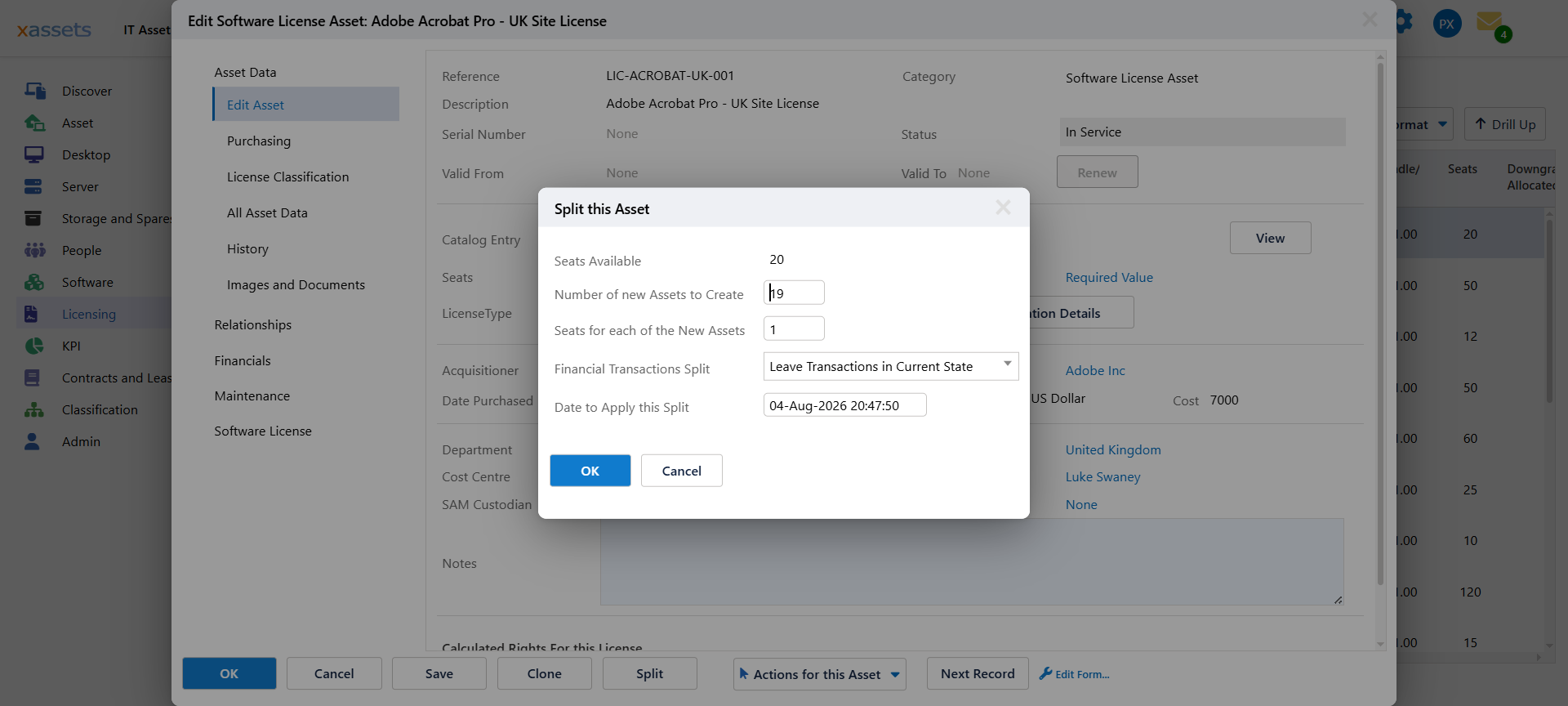 The Split this Asset dialog for a software licence, showing seats available, the number of new assets to create and the seats for each