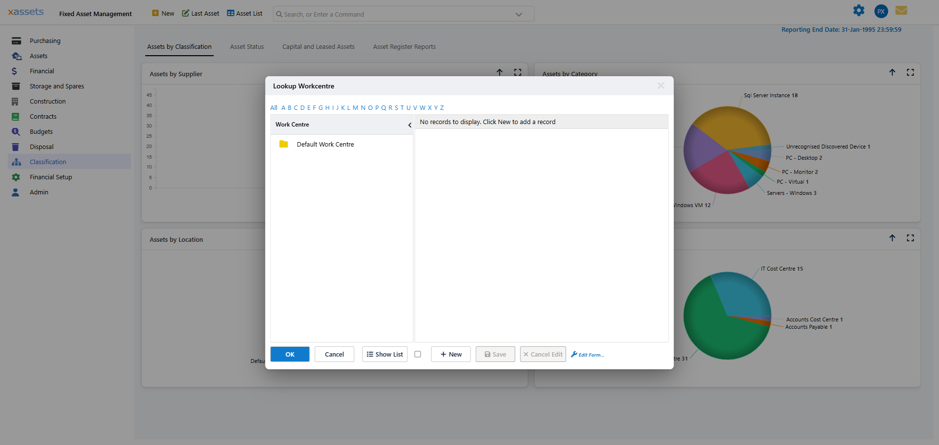 The Work Centre Hierarchy showing Car Workshop work centre with location, cost centre and department attributes