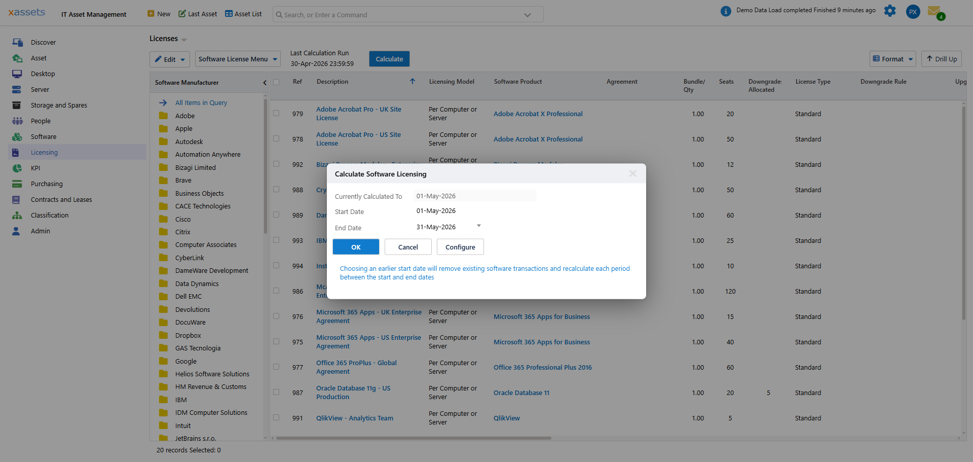 Calculate Software Licensing dialog