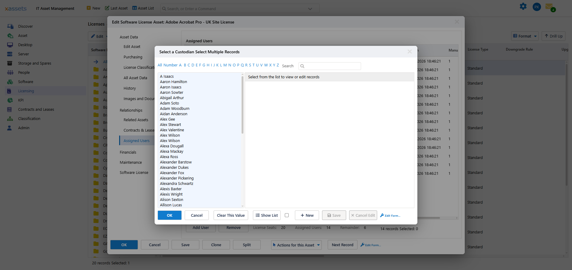 The Select a Custodian picker opened from Add User, with the alphabetical index and search box above the list of people