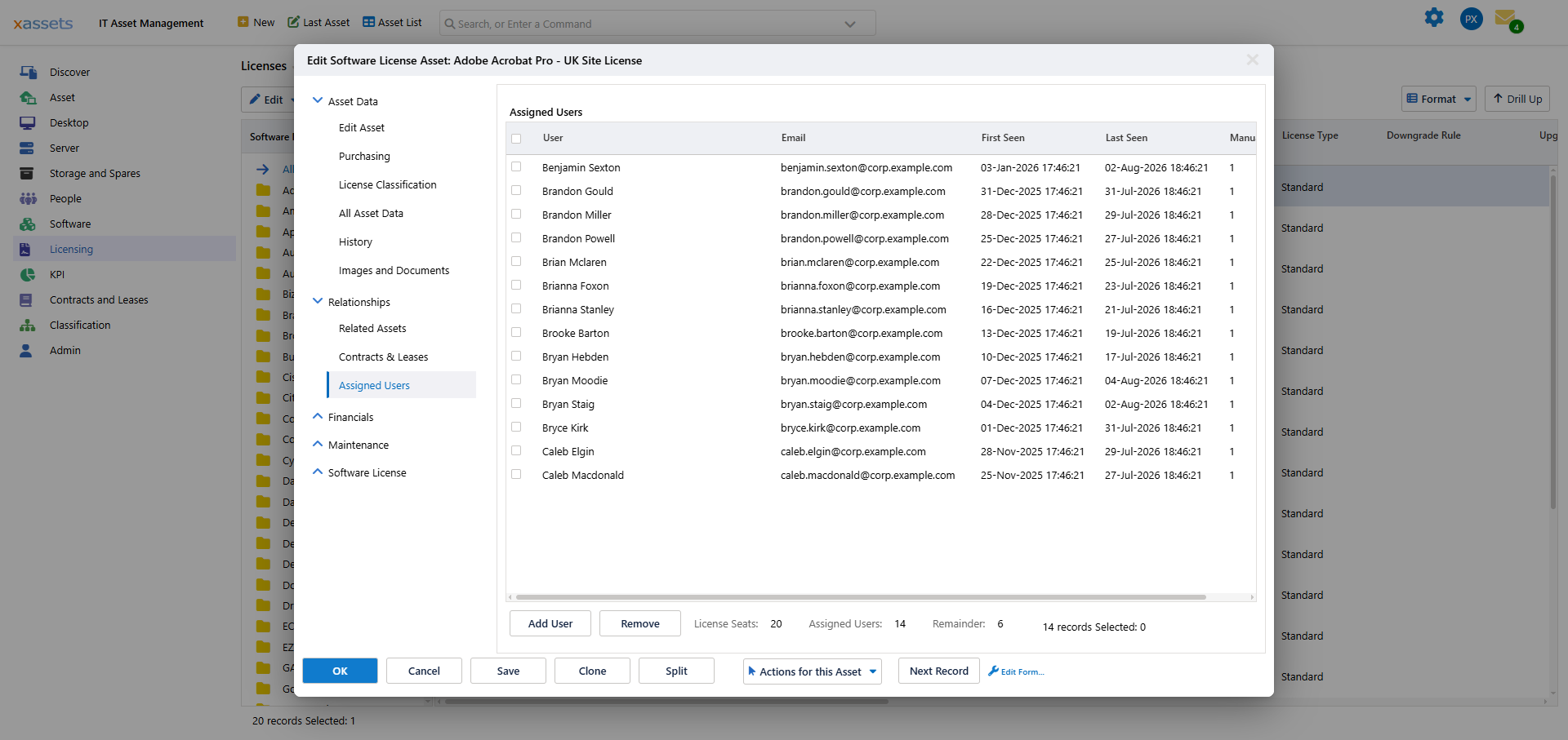 Assigned Users list on a per-user license, showing User, Email, First Seen, Last Seen and Manual columns, with Add User and Remove buttons and the seat counters beneath