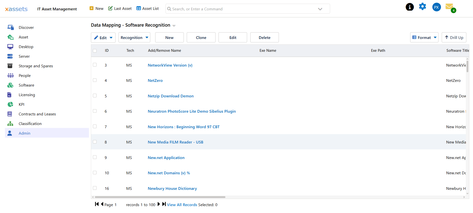 The Software Recognition rule list, with New, Clone, Edit and Delete actions
