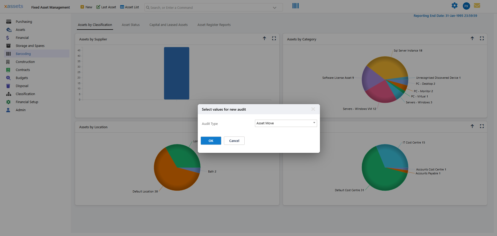 The dialog prompting user to select a new Audit Type when creating an audit