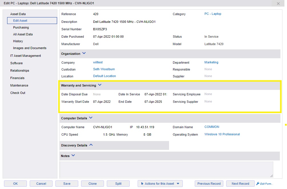 Screenshot of xAssets ITAM Edit Asset Dialog with Dell Warranty Summary Information