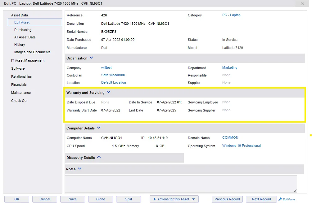 Screenshot of xAssets ITAM Edit Asset Dialog with Dell Warranty Summary Information
