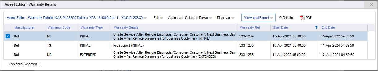 Screenshot of xAssets ITAM Edit Asset Dialog with Dell Warranty Details