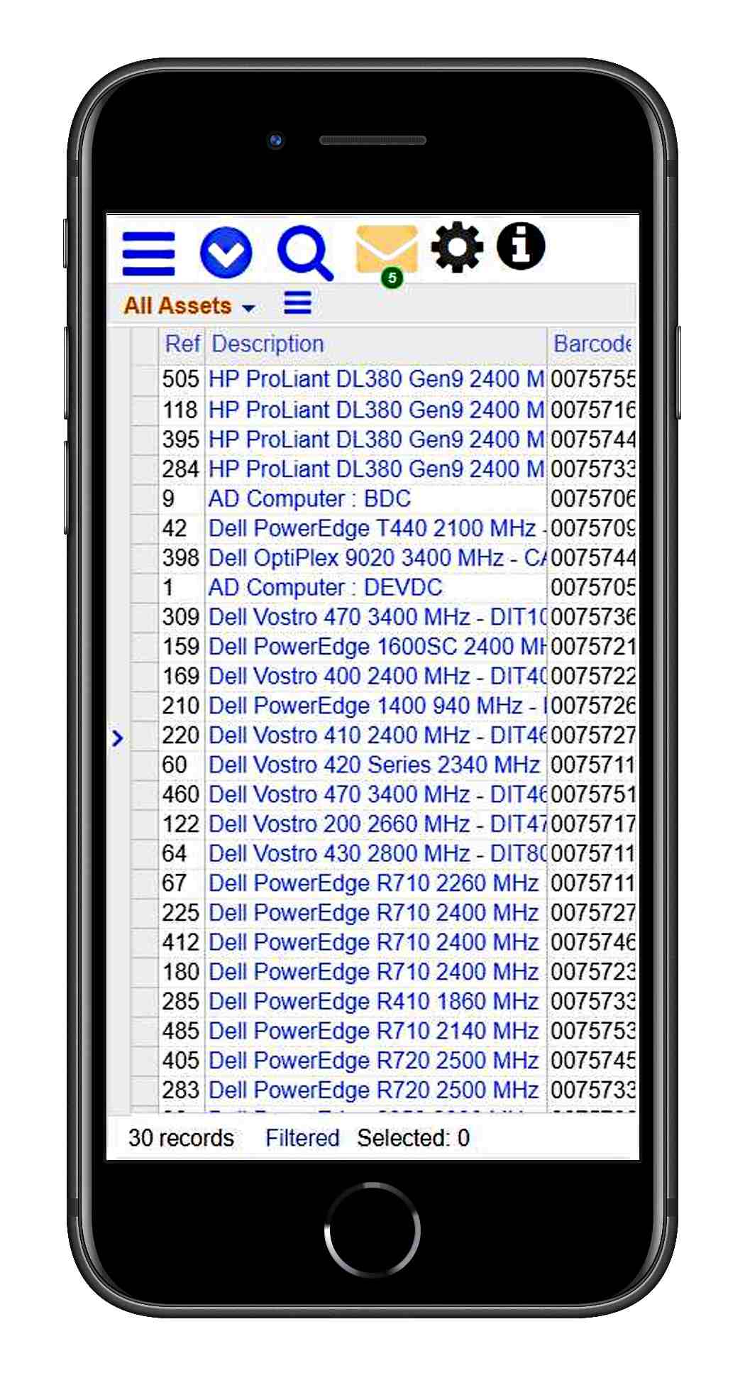 Screenshot of xAssets IT Asset Management software working on an Apple IPhone