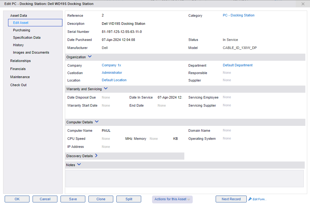 xAssets Network Discovery - An Asset Record for a Dell Docking with Serial Number and Model