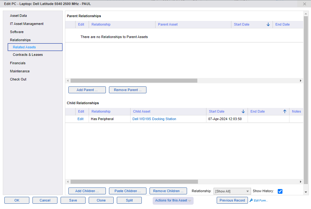 xAssets Network Discovery - Dialog showing laptops with their related docking stations