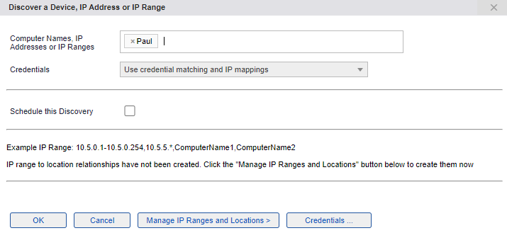 xAssets Network Discovery - Discover a Computer or IP range dialog box