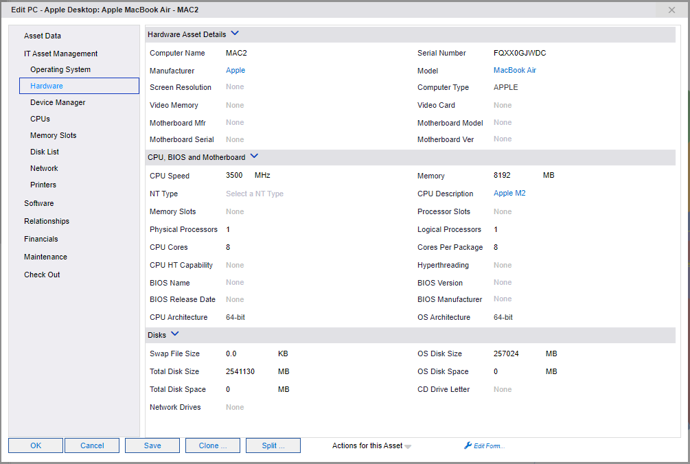 Apple Mac Asset hardware tab of the asset editor screen