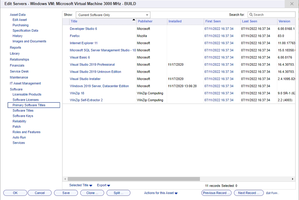 xAssets Azure Asset Software List after running with xAssets Network Discovery