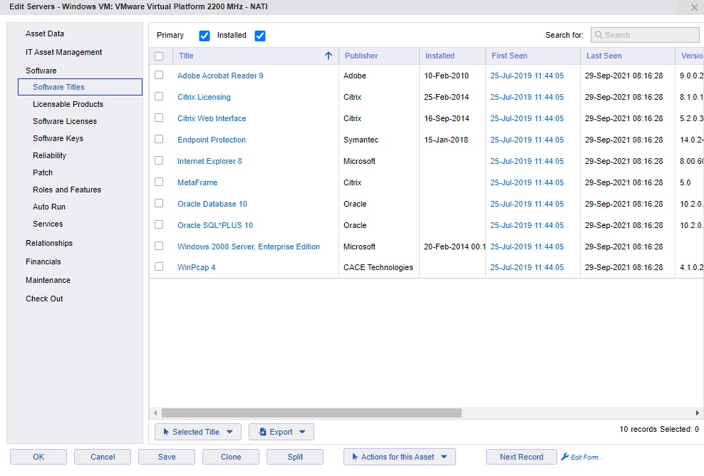 xAssets Azure Asset Software List after running with xAssets Network Discovery