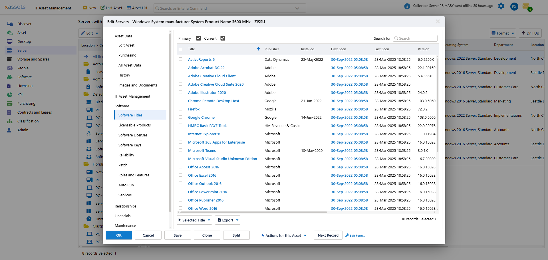 xAssets Azure Asset Software List after running with xAssets Network Discovery
