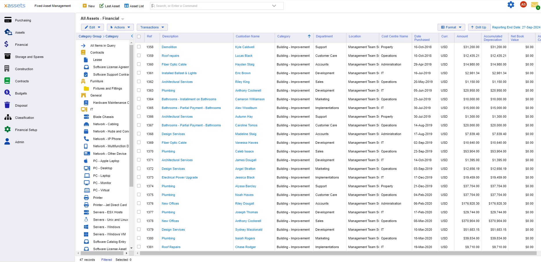 Screenshot of the xAssets Fixed Asset Management Software Asset Register