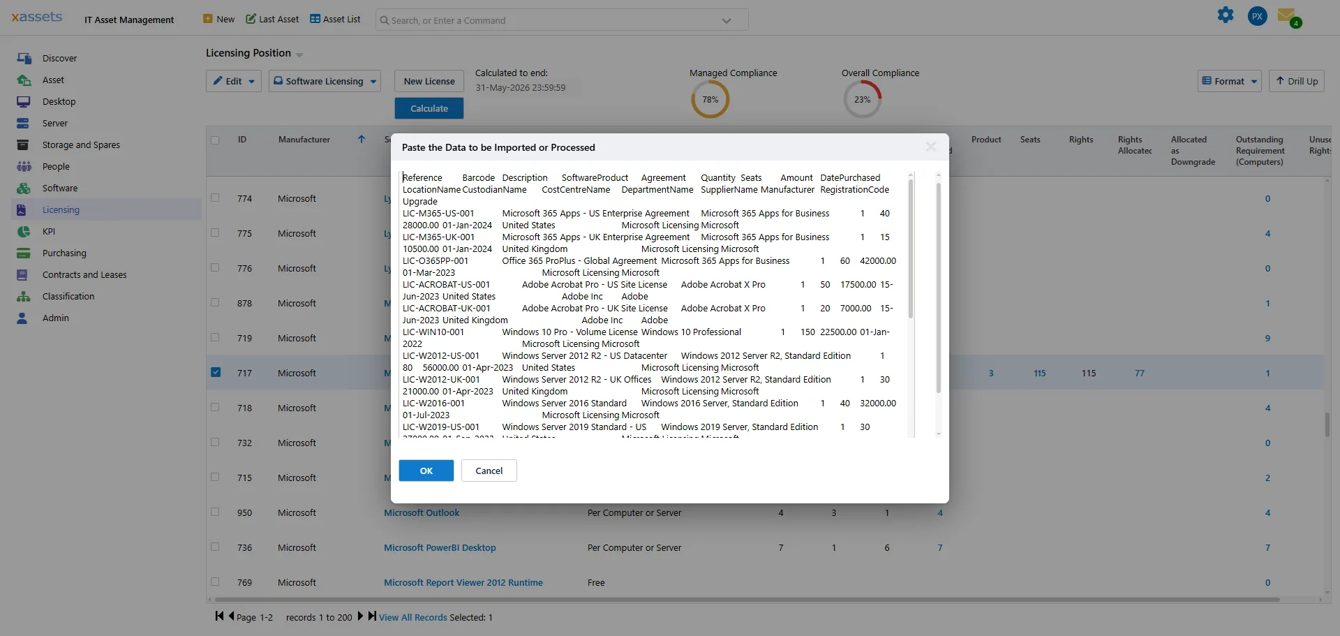 License import paste dialog populated with demo license rows for Microsoft 365 Apps for Business and other products