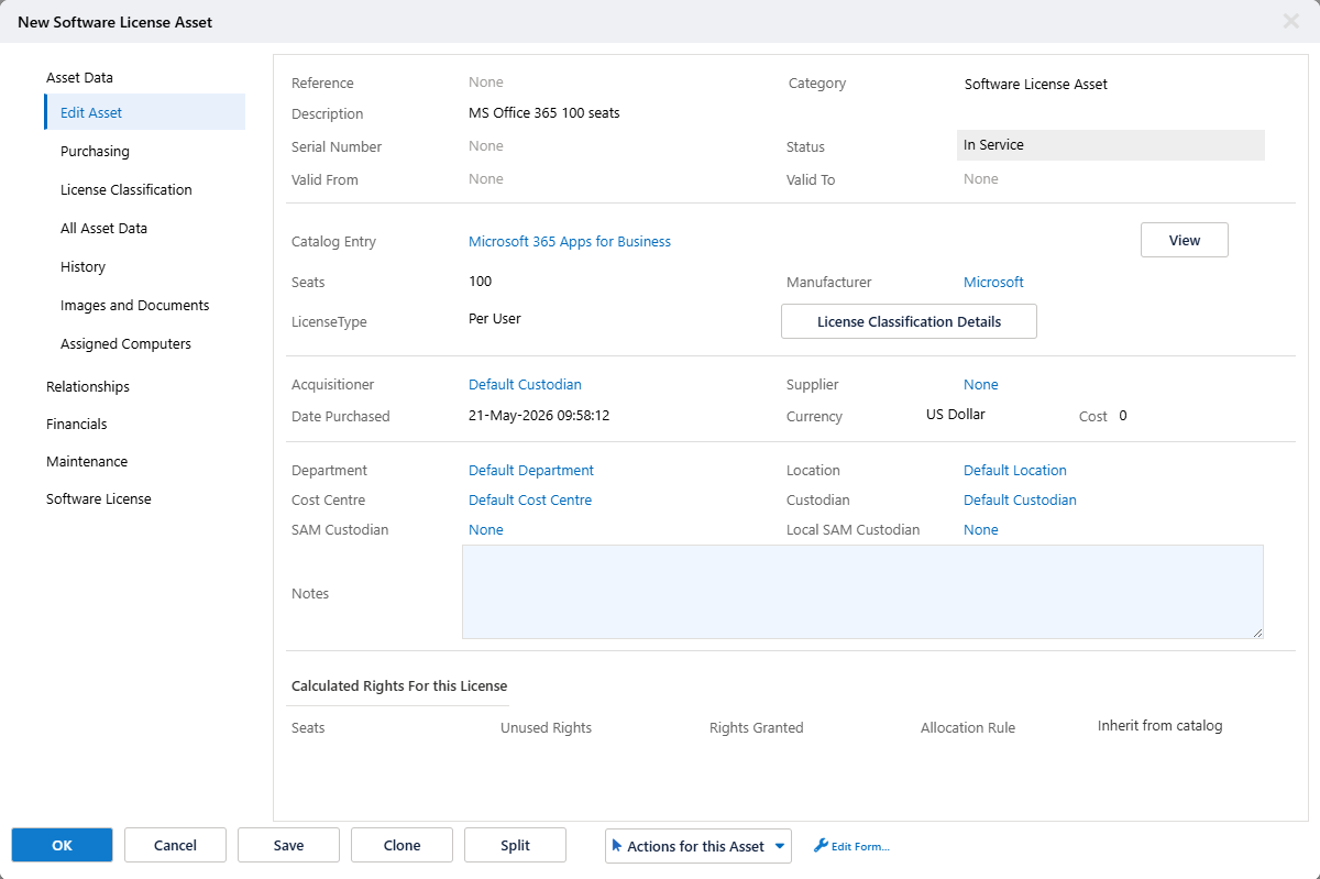 Create a new software license record