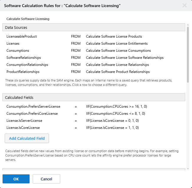 Calculate Software Licensing configuration dialog